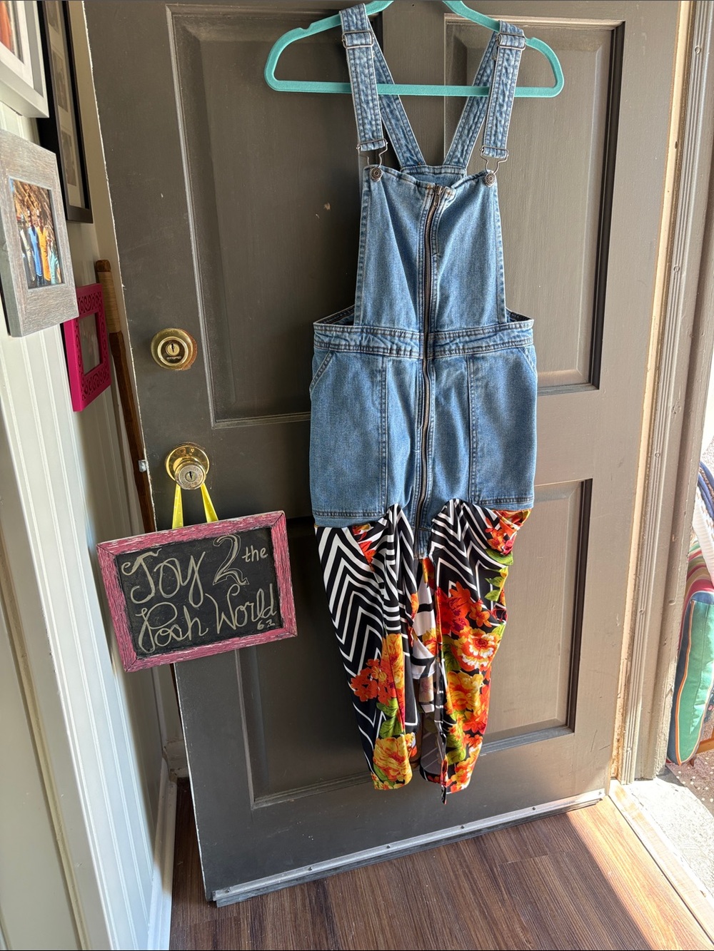 UPCYCLED  Denim Overall Romper with Bold Print - Blue, blk orange